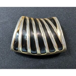 Vintage 1980s Gold Tone Black Enamel‎ Scarf Holder Slide – Modernist Ribbed...
